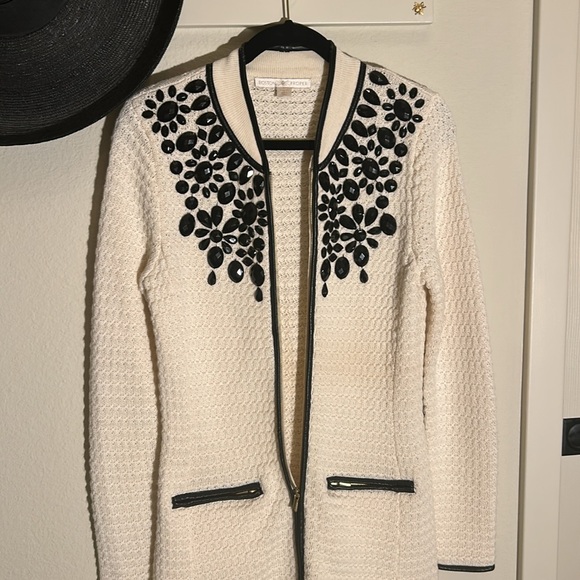Boston Proper Textured Sweater Coat Size X-Small Beaded Zip Front - Picture 9 of 13
